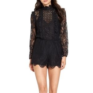 WAYF Ruffle Lace Romper in Black, Size Small